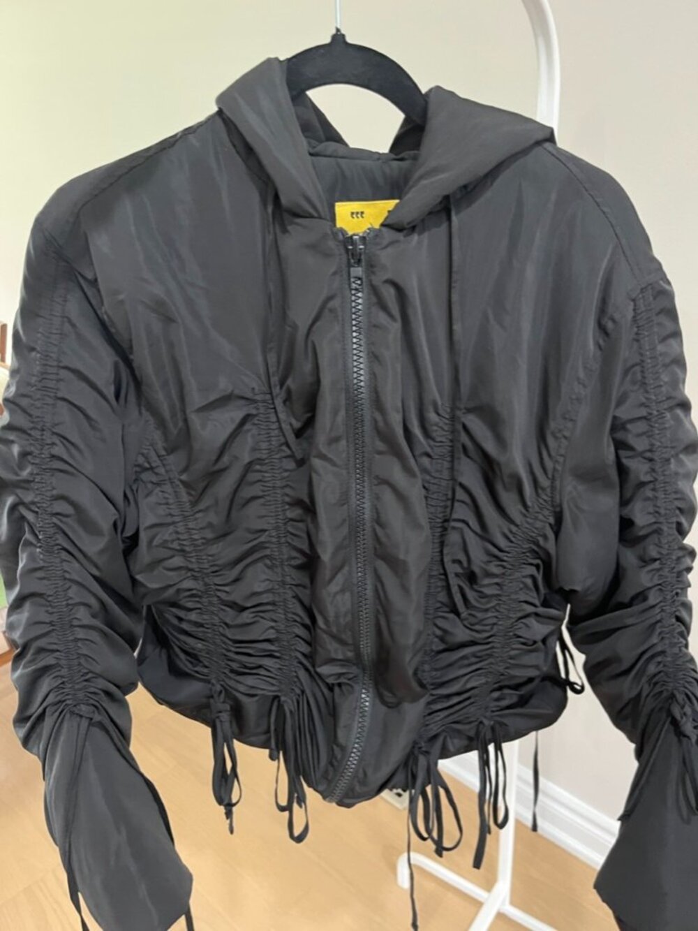 UNIF Black Casm Jacket Ruched Hooded Bomber Drawstring Winter Jacket